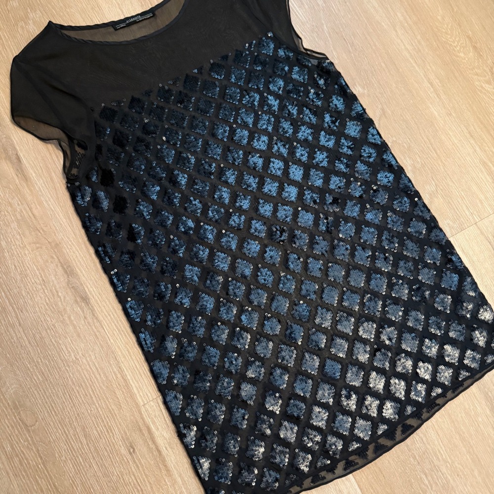 AllSaints Womens Sequin Diamond Mesh Tunic Top Black Cap Sleeve Size US 8